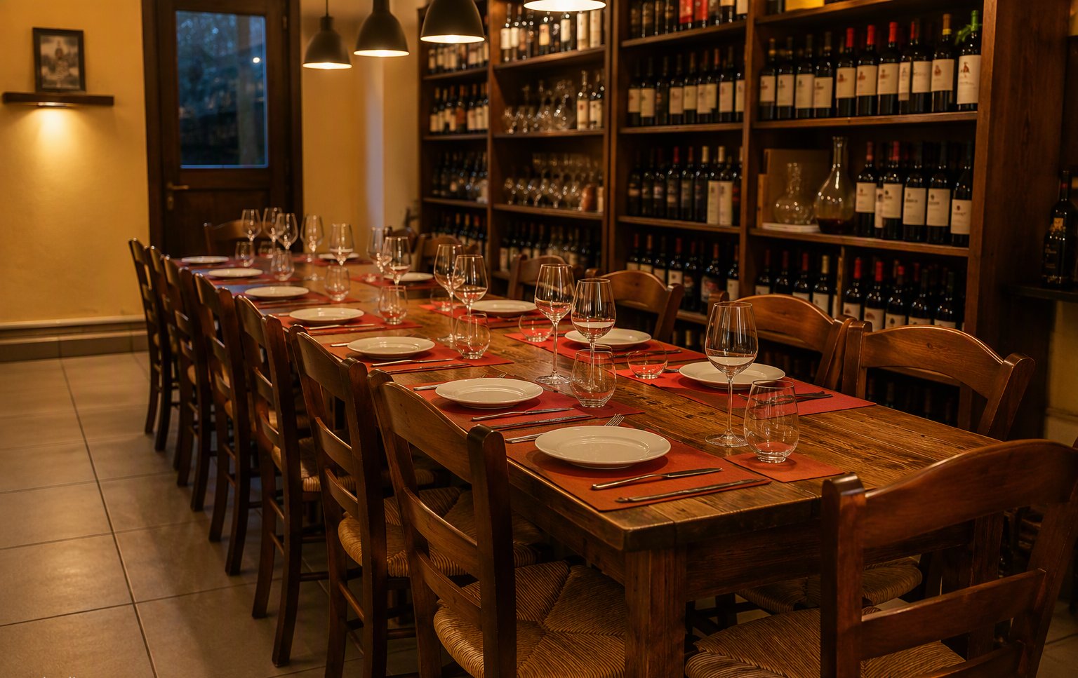 La saletta delle degustazioni con la tavolata apparecchiata e gli scaffali dei vini