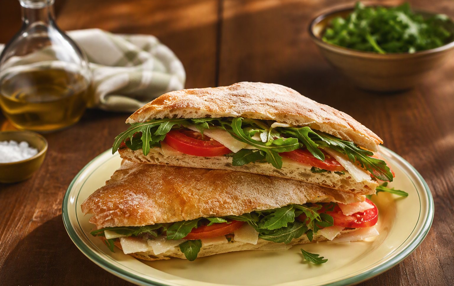 La ciaccia farcita con rucola, pomodoro e pecorino