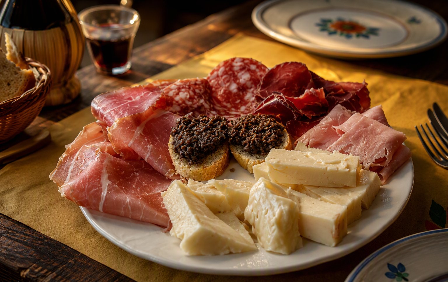 Il tagliere misto di salumi e formaggi con i crostini al patè